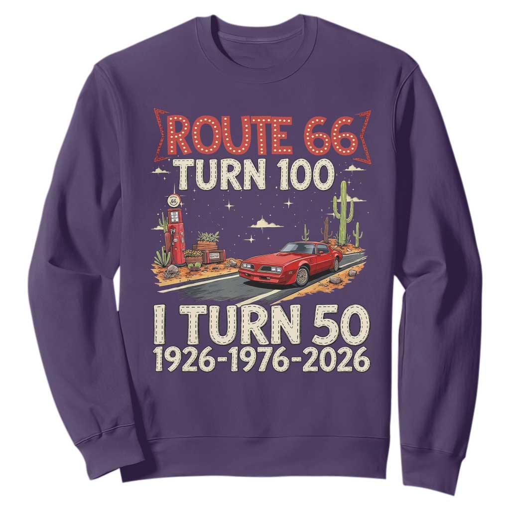Highway 66 Turn 100 I Turn 50 Sweatshirt Vintage 1976 Road Sign Classic Muscle Car Lover 50 Year Old Gift TS14 Purple Print Your Wear