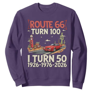 Highway 66 Turn 100 I Turn 50 Sweatshirt Vintage 1976 Road Sign Classic Muscle Car Lover 50 Year Old Gift TS14 Purple Print Your Wear