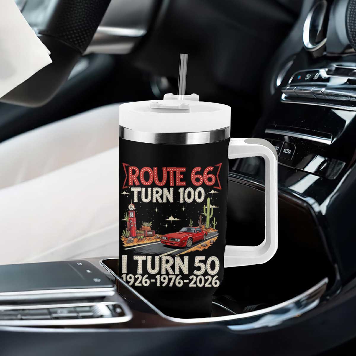 Highway 66 Turn 100 I Turn 50 Tumbler With Handle Vintage 1976 Road Sign Classic Muscle Car Lover 50 Year Old Gift TS14 Print Your Wear