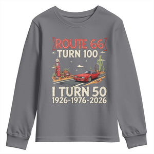 Highway 66 Turn 100 I Turn 50 Youth Sweatshirt Vintage 1976 Road Sign Classic Muscle Car Lover 50 Year Old Gift TS14 Charcoal Print Your Wear