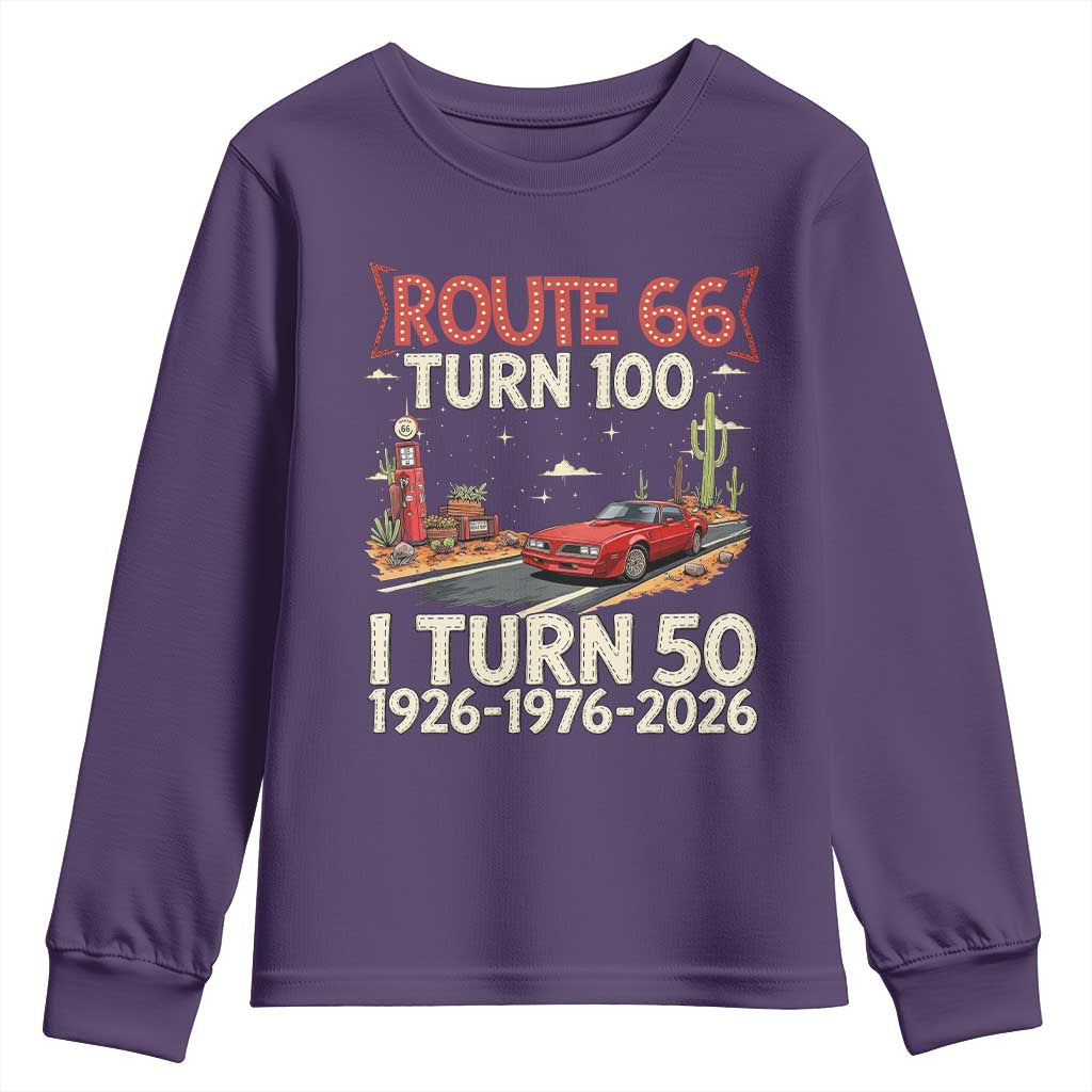 Highway 66 Turn 100 I Turn 50 Youth Sweatshirt Vintage 1976 Road Sign Classic Muscle Car Lover 50 Year Old Gift TS14 Purple Print Your Wear