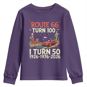 Highway 66 Turn 100 I Turn 50 Youth Sweatshirt Vintage 1976 Road Sign Classic Muscle Car Lover 50 Year Old Gift TS14 Purple Print Your Wear