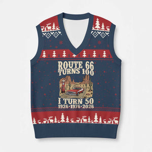 Highway 66 Turn 100 I Turn 50 V-Neck Knit Sweater Vest Vintage 1976 Road Sign American Muscle Car Lover 50 Year Old Gift TS14 Navy Red Print Your Wear
