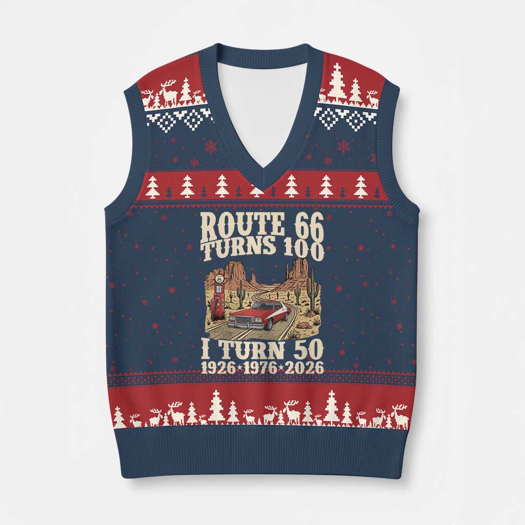 Route Highway 66 Turn 100 I Turn 50 V-Neck Knit Sweater Vest Vintage 1976 Road Sign American Muscle Car Lover 50 Year Old Gift TS14 Navy Red Print Your Wear
