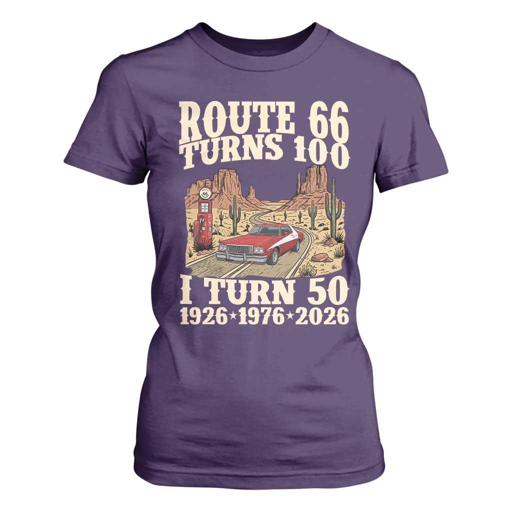 Highway 66 Turn 100 I Turn 50 T Shirt For Women Vintage 1976 Road Sign American Muscle Car Lover 50 Year Old Gift TS14 Purple Print Your Wear