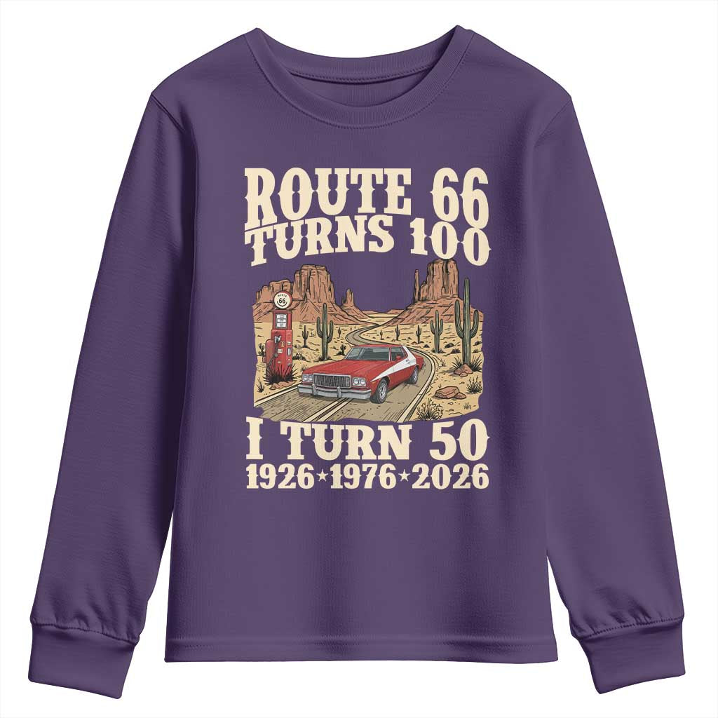 Highway 66 Turn 100 I Turn 50 Youth Sweatshirt Vintage 1976 Road Sign American Muscle Car Lover 50 Year Old Gift TS14 Purple Print Your Wear