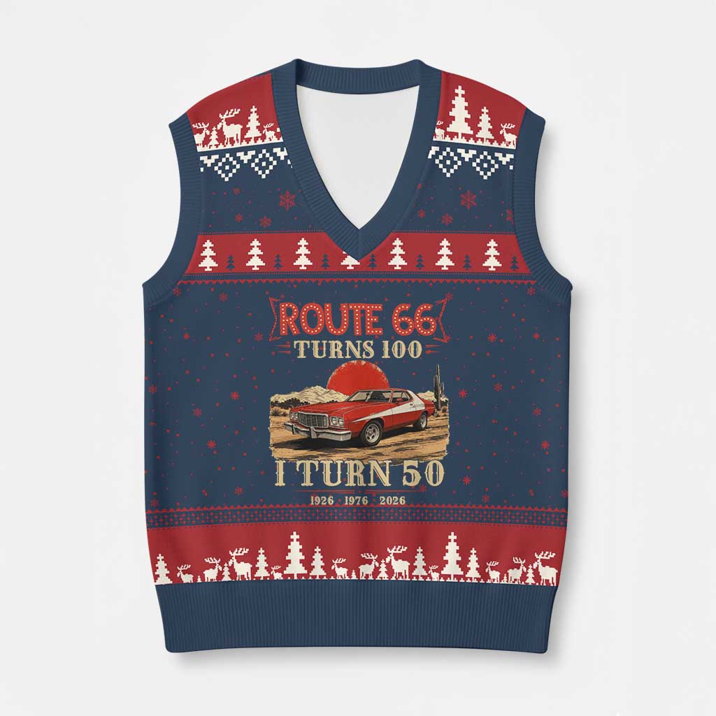 Route Highway 66 Turn 100 I Turn 50 V-Neck Knit Sweater Vest Vintage 1976 Road Sign Classic Muscle Car Lover 50th Birthday Gift TS14 Navy Red Print Your Wear