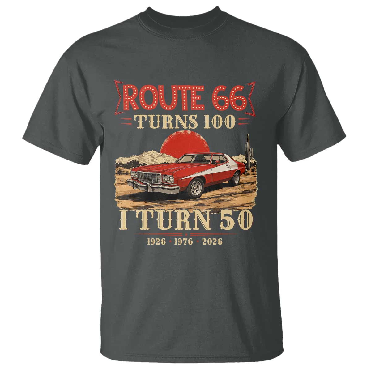 Highway 66 Turn 100 I Turn 50 T Shirt Vintage 1976 Road Sign Classic Muscle Car Lover 50th Birthday Gift TS14 Dark Heather Print Your Wear