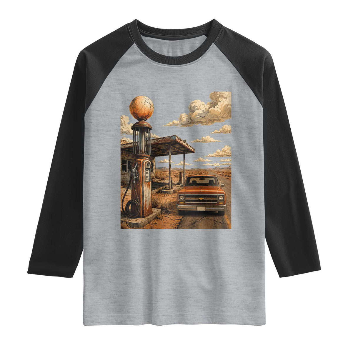 Highway 66 Classic Gas Pump Desert Classic Pickup Truck Car Lover Raglan Shirt TS14 Heather Gray Black Print Your Wear