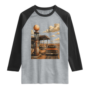 Highway 66 Classic Gas Pump Desert Classic Pickup Truck Car Lover Raglan Shirt TS14 Heather Gray Black Print Your Wear