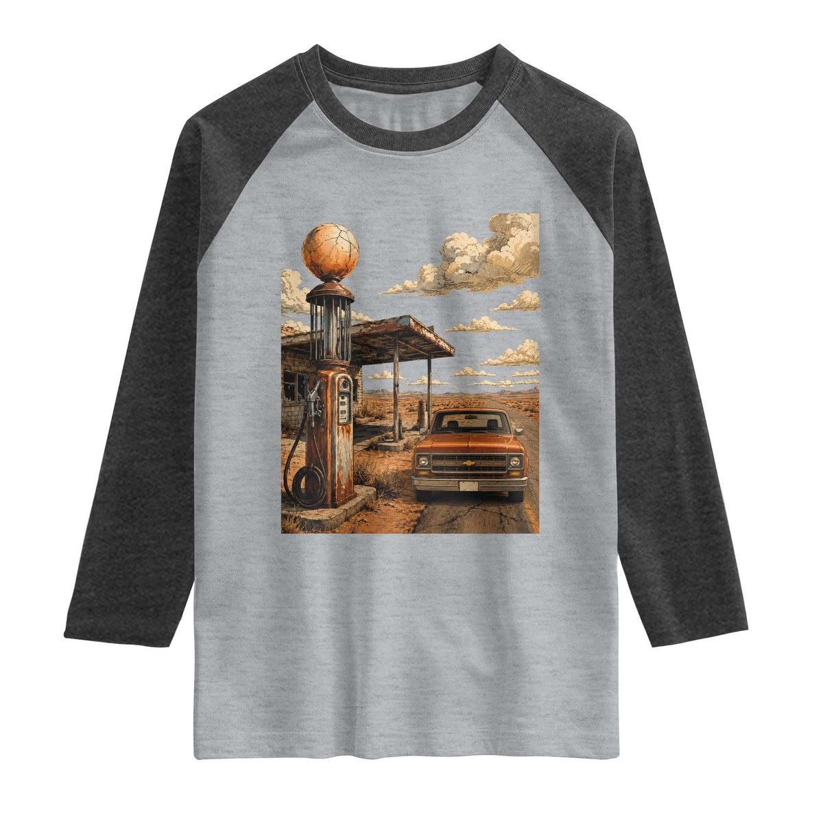 Highway 66 Classic Gas Pump Desert Classic Pickup Truck Car Lover Raglan Shirt TS14 Heather Gray Heather Charcoal Print Your Wear