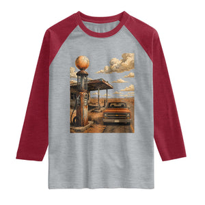 Highway 66 Classic Gas Pump Desert Classic Pickup Truck Car Lover Raglan Shirt TS14 Heather Gray Heather Red Print Your Wear