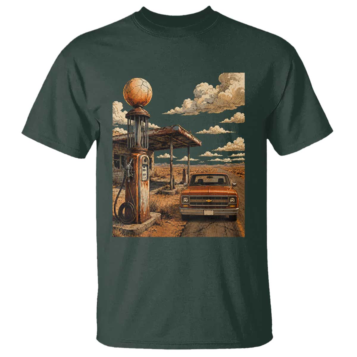 Highway 66 Classic Gas Pump Desert Classic Pickup Truck Car Lover T Shirt TS14 Dark Forest Green Print Your Wear