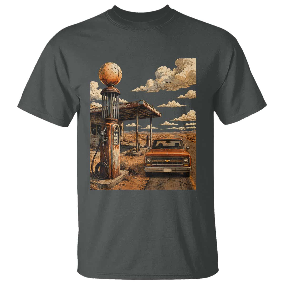 Highway 66 Classic Gas Pump Desert Classic Pickup Truck Car Lover T Shirt TS14 Dark Heather Print Your Wear