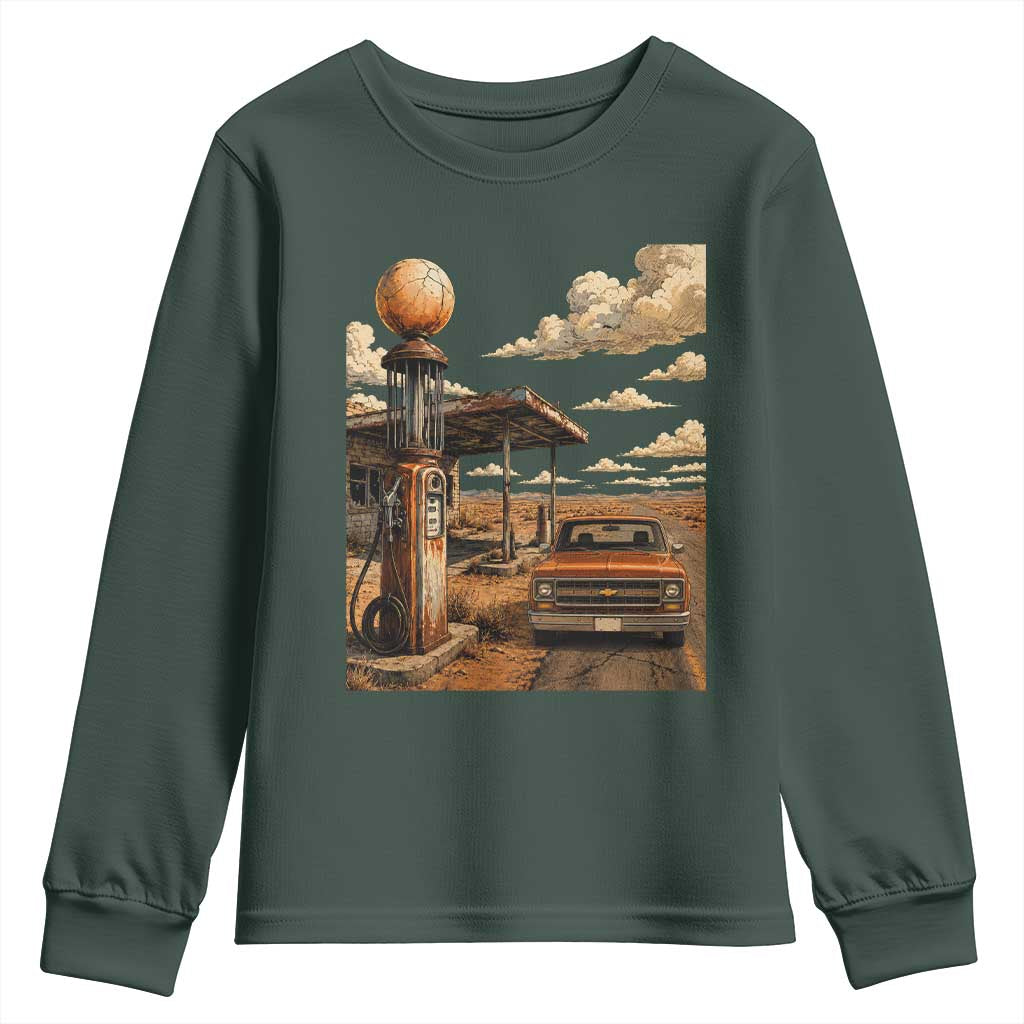 Highway 66 Classic Gas Pump Desert Classic Pickup Truck Car Lover Youth Sweatshirt TS14 Dark Forest Green Print Your Wear