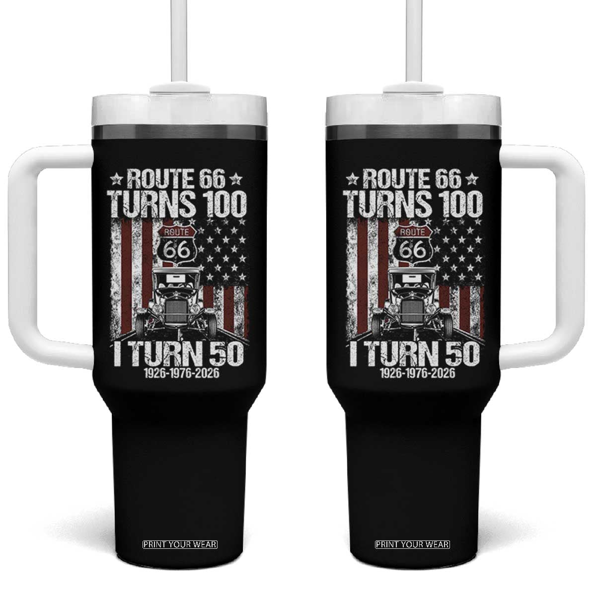Highway 66 Turn 100 I Turn 50 Tumbler With Handle Vintage 1976 America Road Sign America Antique Car Lover 50 Year Old Gift TS14 One Size: 40 oz Black Print Your Wear