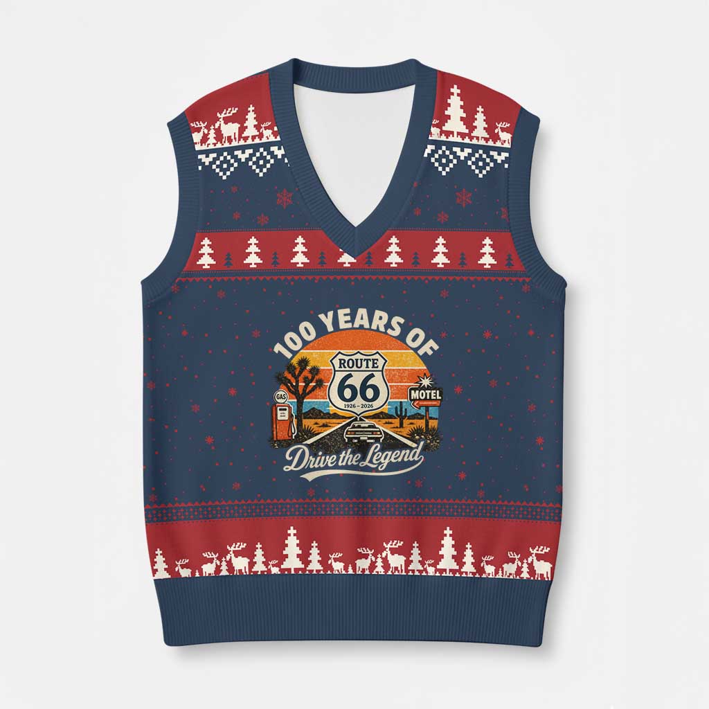 Vintage Route Highway 66 100th Anniversary 2026 Americana Road Trip Souvenir V-Neck Knit Sweater Vest TS14 Navy Red Print Your Wear