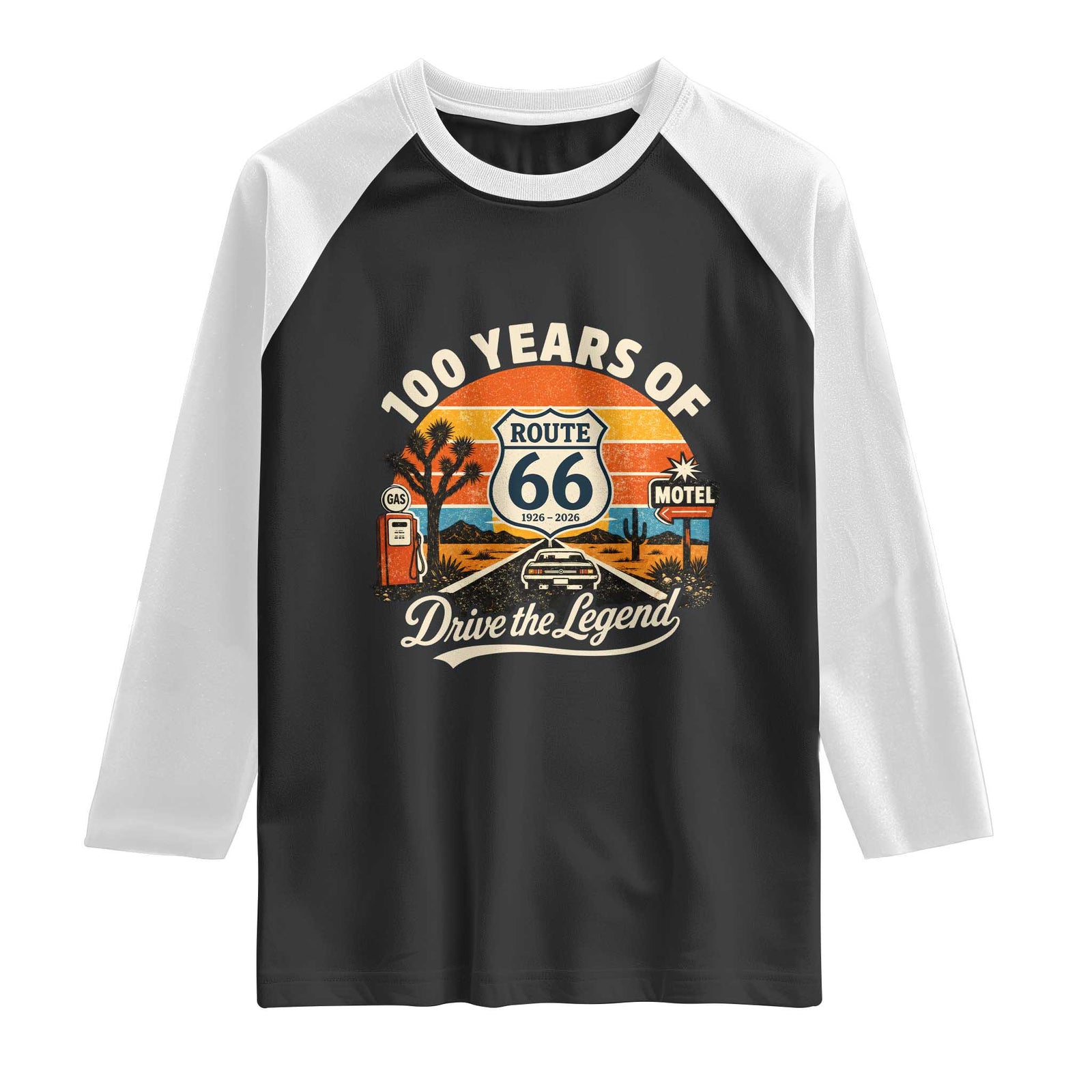 Vintage Route Highway 66 100th Anniversary 2026 Americana Road Trip Souvenir Raglan Shirt TS14 Black White Print Your Wear