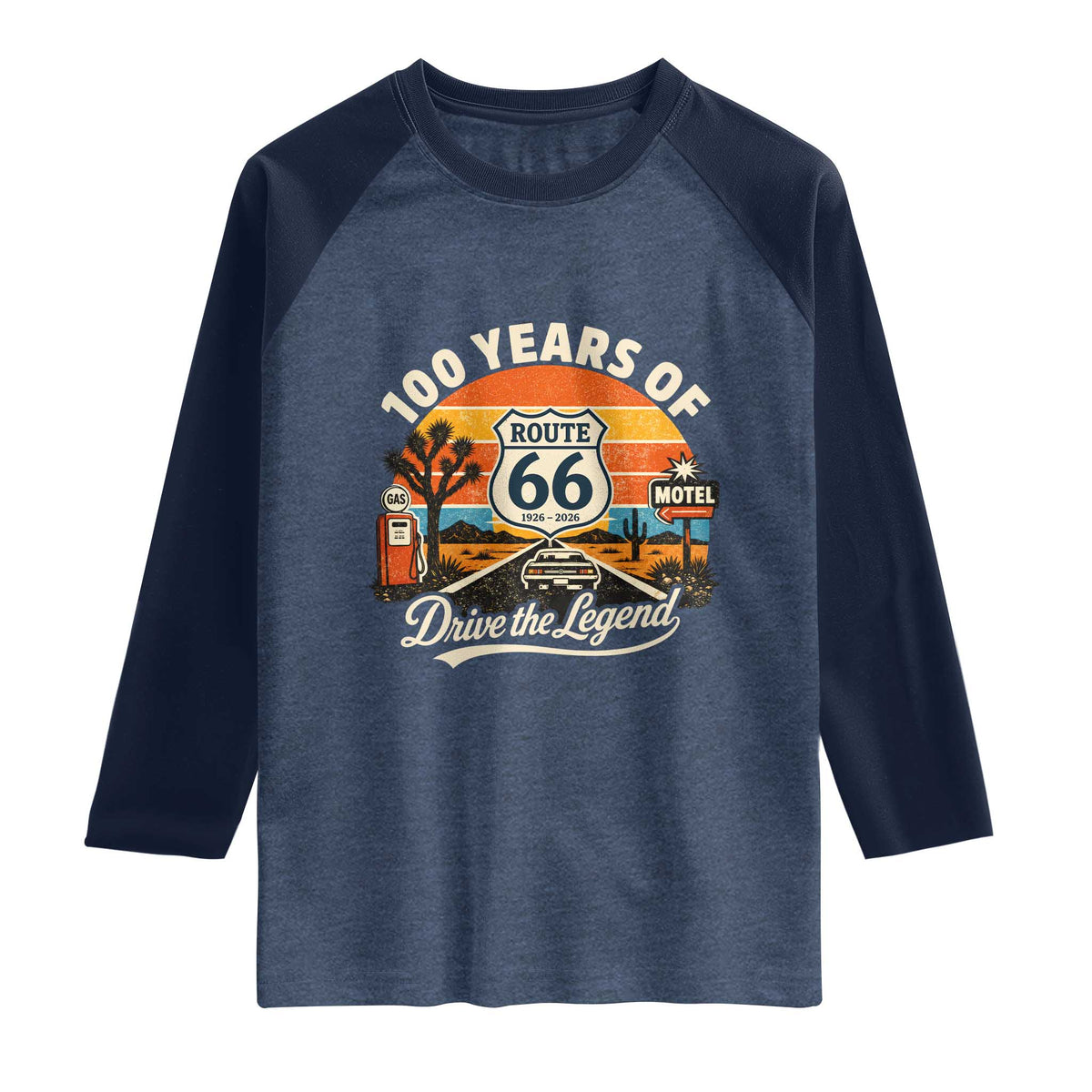Vintage Highway 66 100th Anniversary 2026 Americana Road Trip Souvenir Raglan Shirt TS14 Heather Denim Navy Print Your Wear