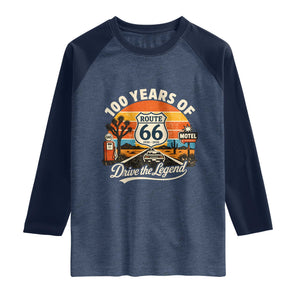 Vintage Highway 66 100th Anniversary 2026 Americana Road Trip Souvenir Raglan Shirt TS14 Heather Denim Navy Print Your Wear