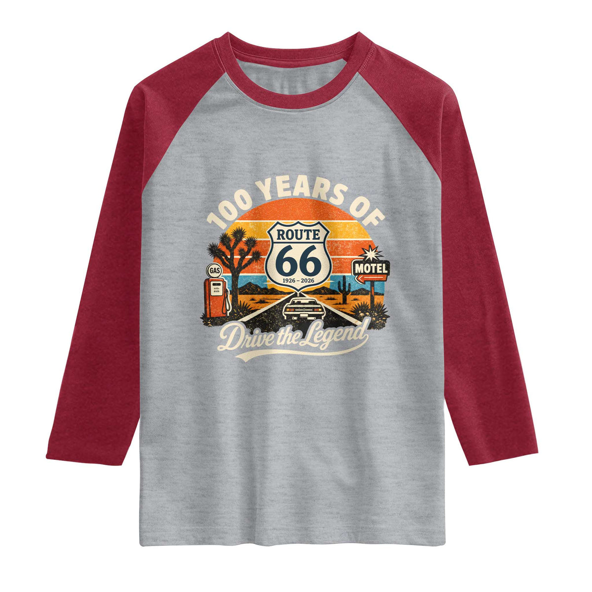 Vintage Highway 66 100th Anniversary 2026 Americana Road Trip Souvenir Raglan Shirt TS14 Heather Gray Heather Red Print Your Wear