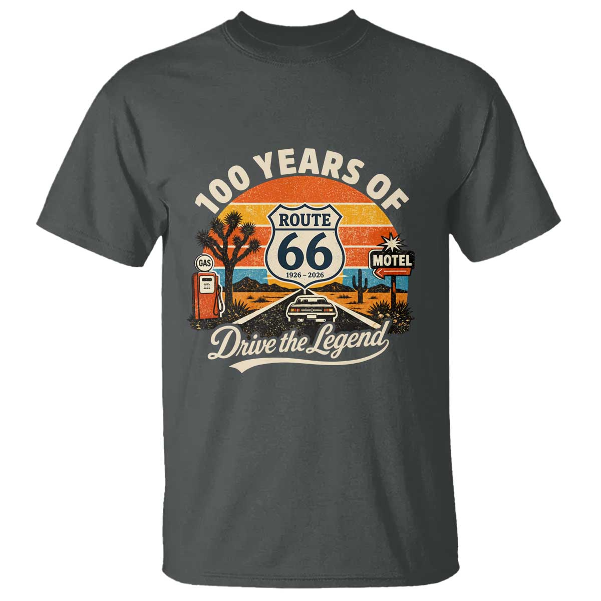 Vintage Highway 66 100th Anniversary 2026 Americana Road Trip Souvenir T Shirt TS14 Dark Heather Print Your Wear