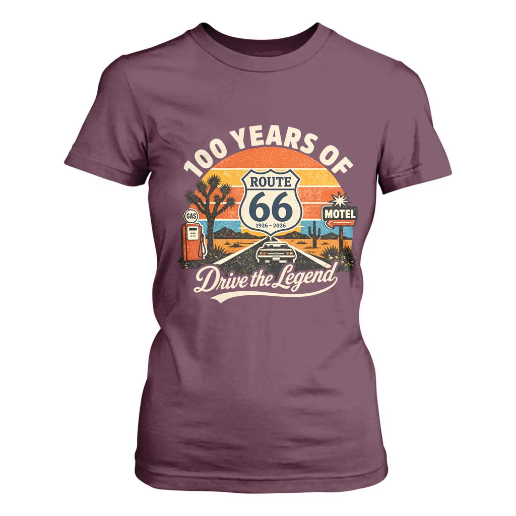Vintage Highway 66 100th Anniversary 2026 Americana Road Trip Souvenir T Shirt For Women TS14 Maroon Print Your Wear