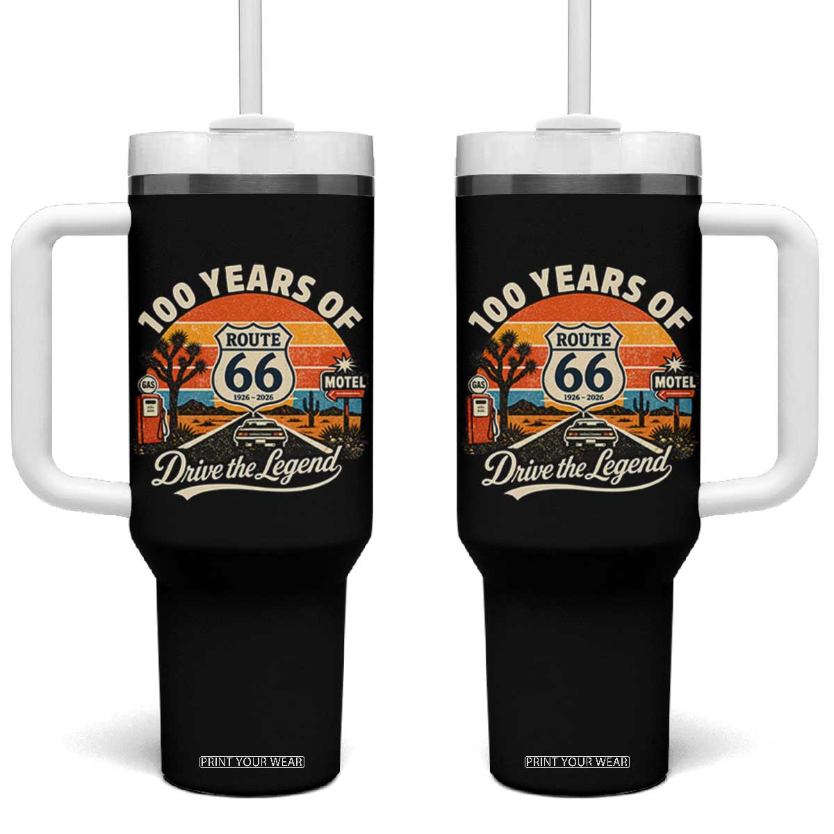 Vintage Highway 66 100th Anniversary 2026 Americana Road Trip Souvenir Tumbler With Handle TS14 One Size: 40 oz Black Print Your Wear