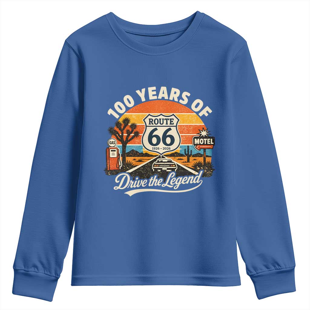 Vintage Highway 66 100th Anniversary 2026 Americana Road Trip Souvenir Youth Sweatshirt TS14 Royal Blue Print Your Wear