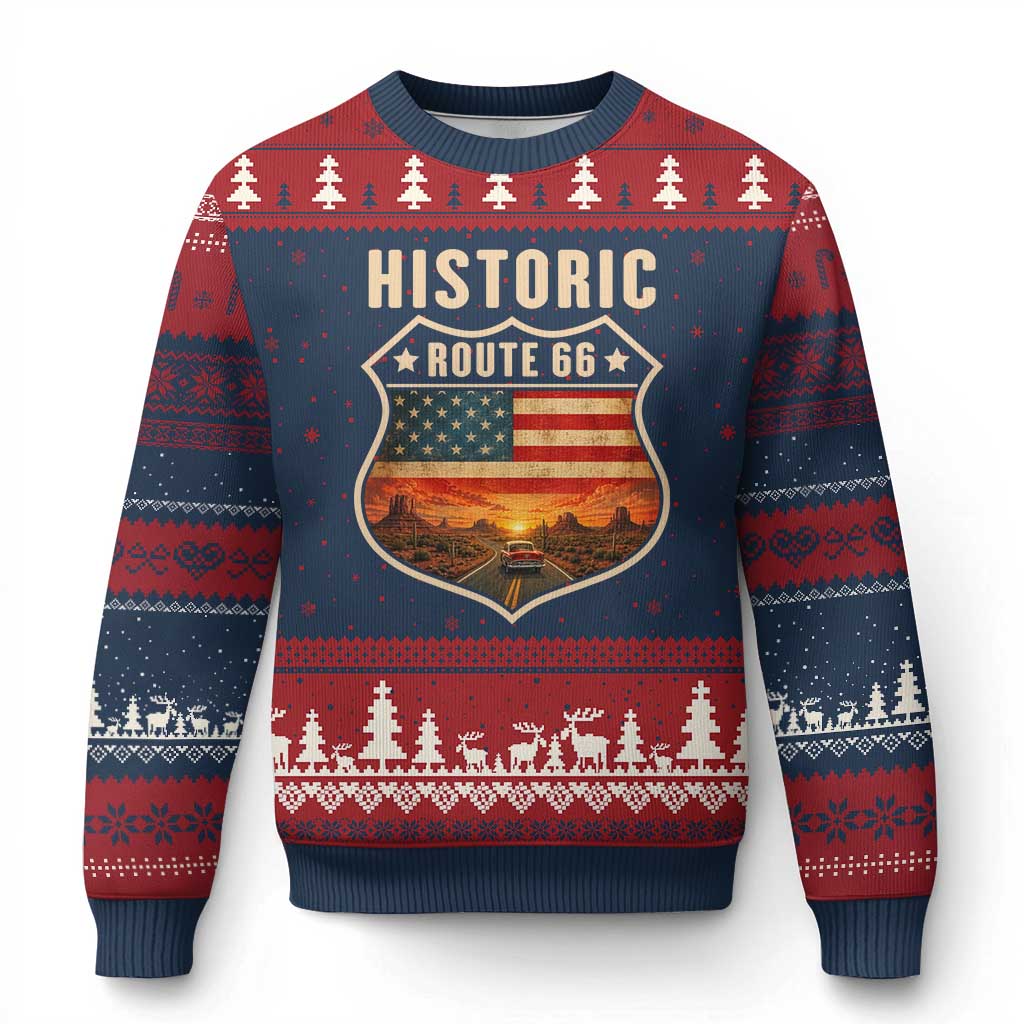 Historic Highway 66 Ugly Christmas Sweater Vintage American Road Sign Americana Road Trip TS14 Navy Red Print Your Wear