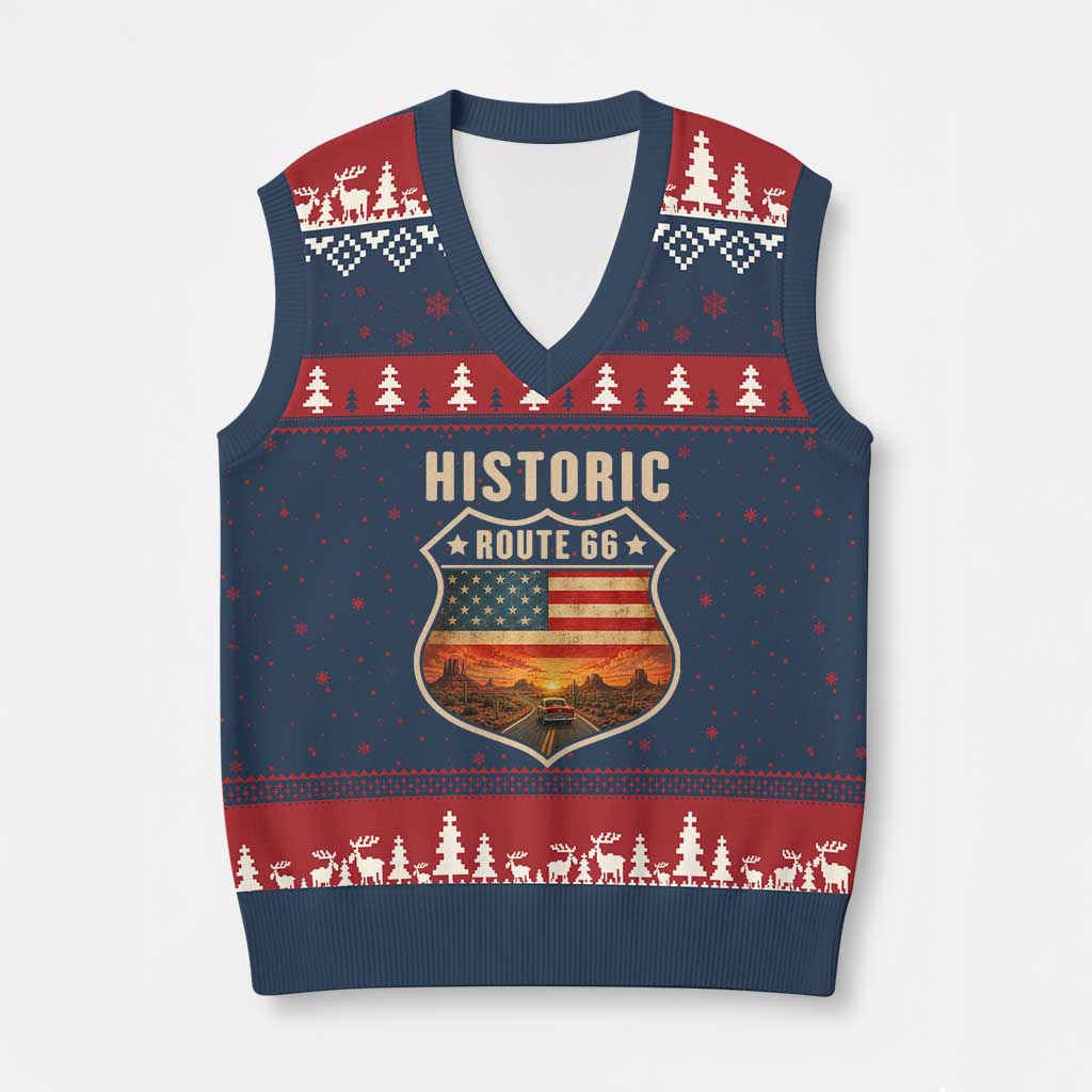 Historic Route Highway 66 V-Neck Knit Sweater Vest Vintage American Road Sign Americana Road Trip TS14 Navy Red Print Your Wear