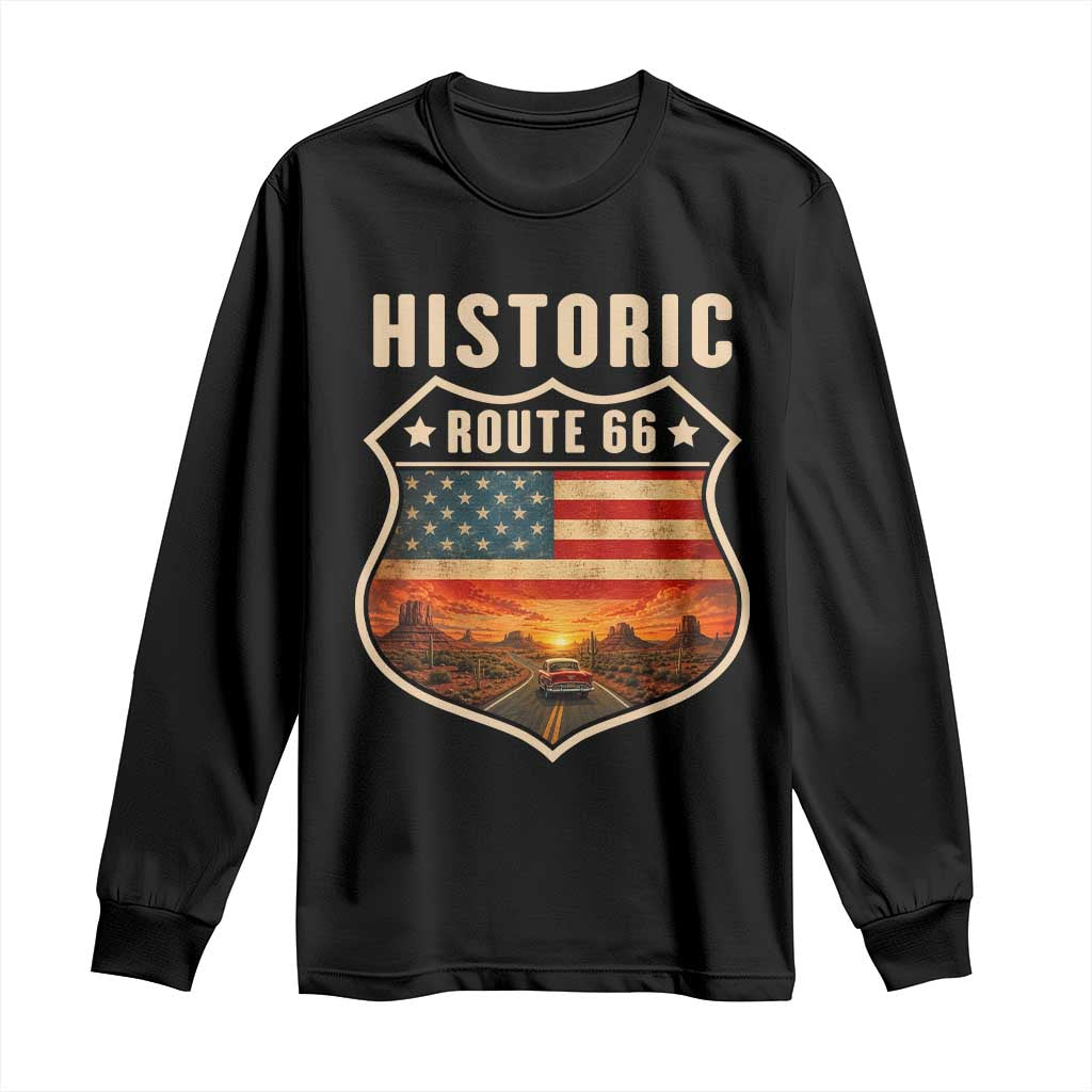 Historic Highway 66 Long Sleeve Shirt Vintage American Road Sign Americana Road Trip TS14 Black Print Your Wear