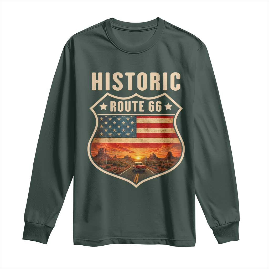 Historic Highway 66 Long Sleeve Shirt Vintage American Road Sign Americana Road Trip TS14 Dark Forest Green Print Your Wear