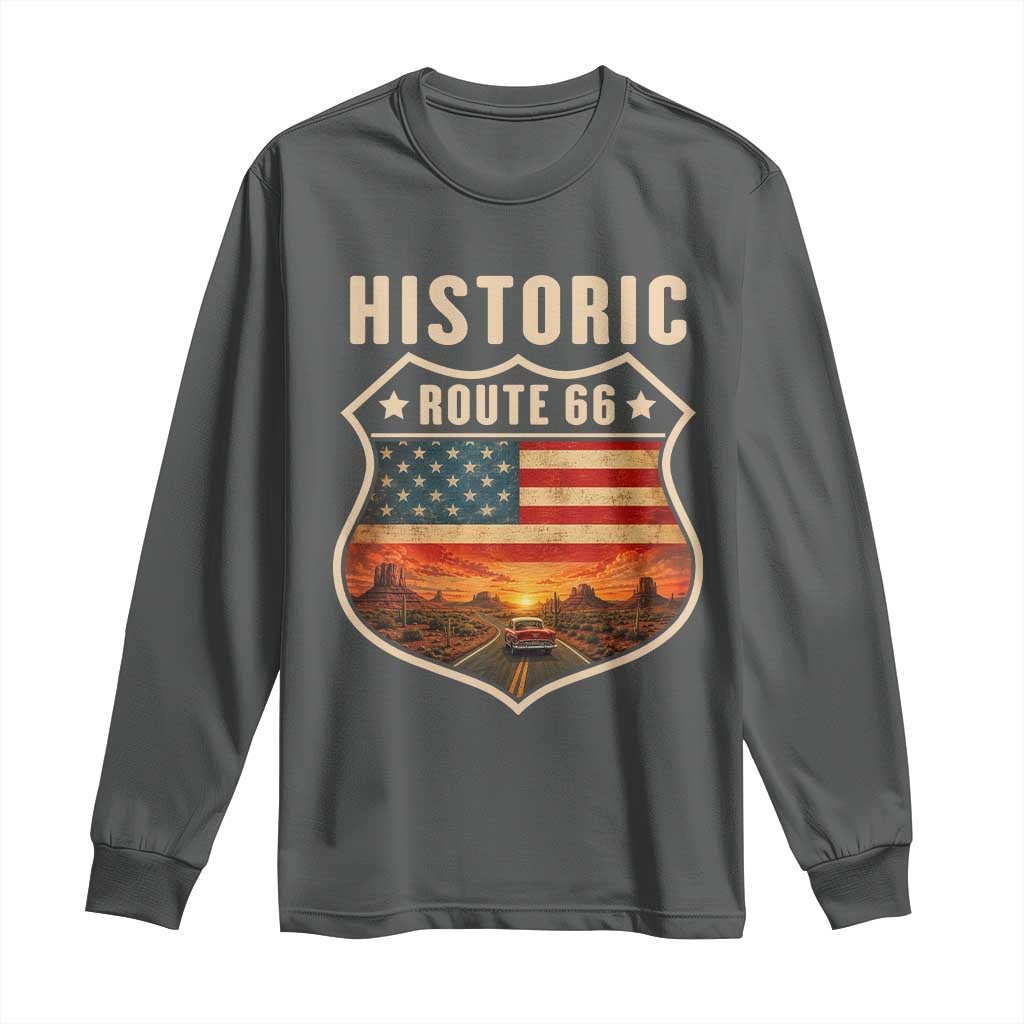 Historic Highway 66 Long Sleeve Shirt Vintage American Road Sign Americana Road Trip TS14 Dark Heather Print Your Wear