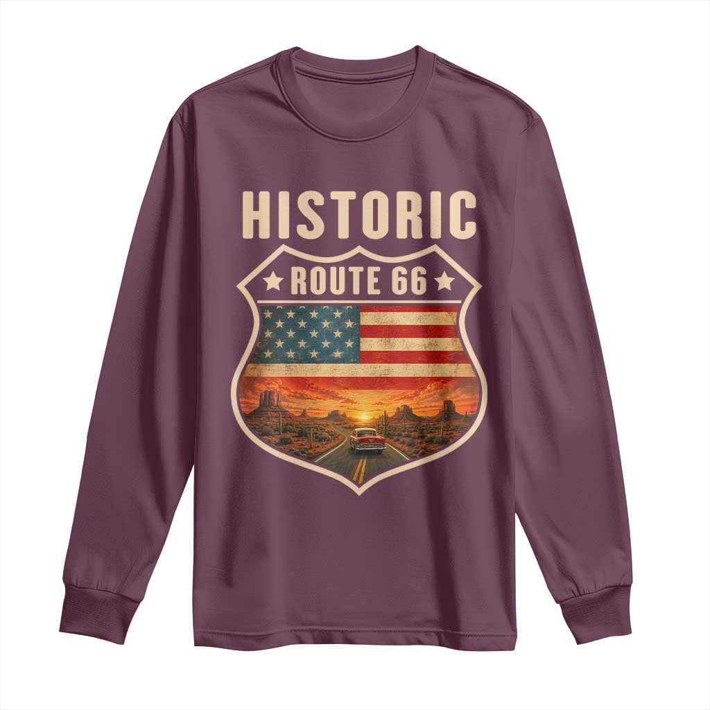 Historic Highway 66 Long Sleeve Shirt Vintage American Road Sign Americana Road Trip TS14 Maroon Print Your Wear