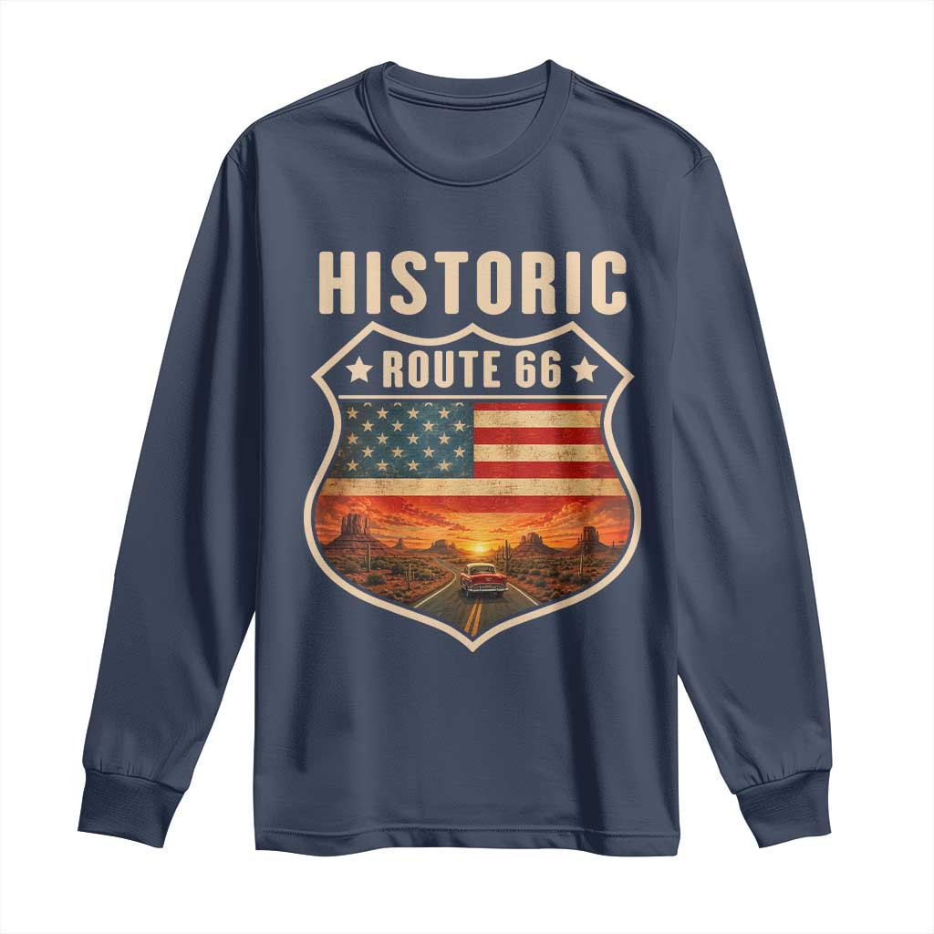 Historic Highway 66 Long Sleeve Shirt Vintage American Road Sign Americana Road Trip TS14 Navy Print Your Wear