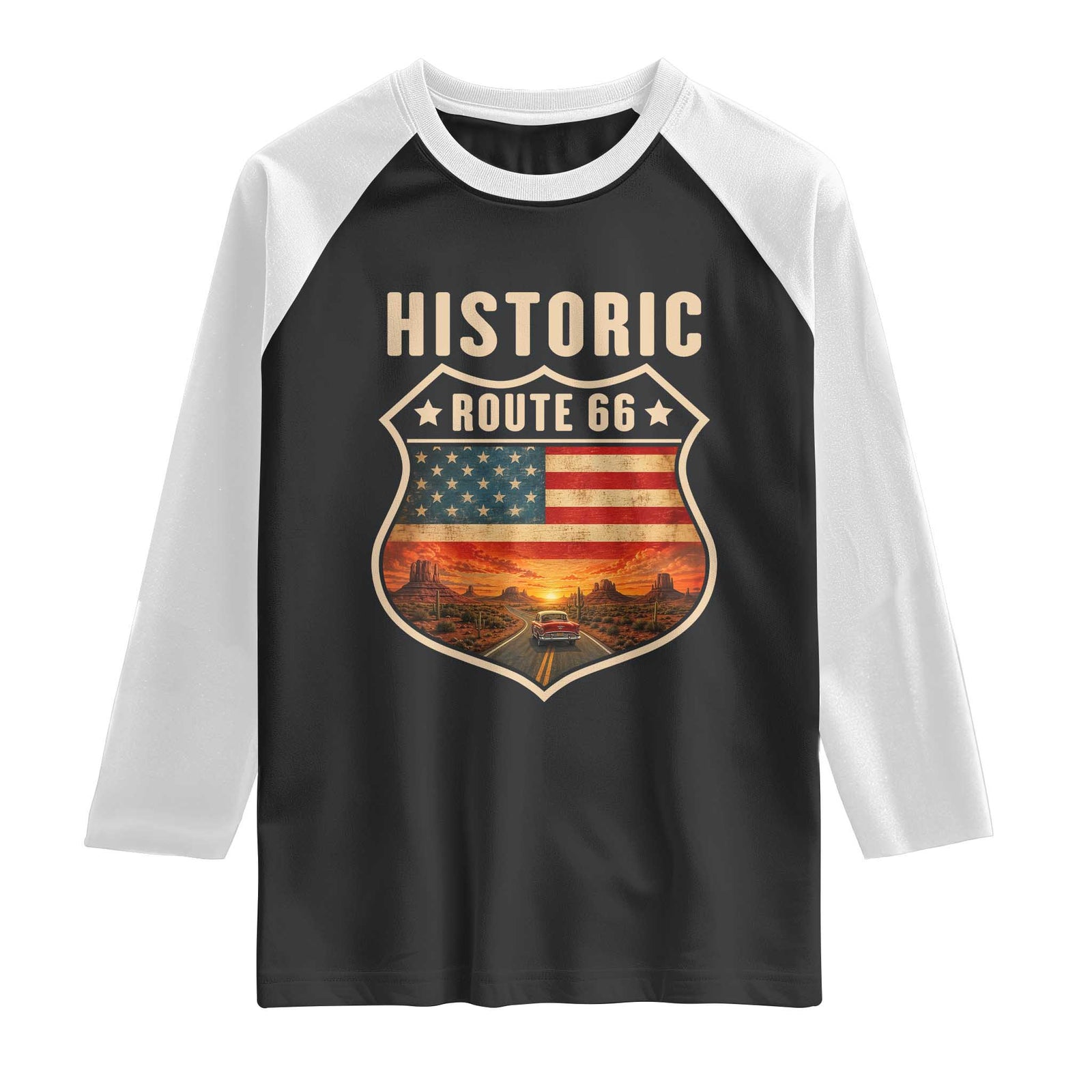 Historic Route Highway 66 Raglan Shirt Vintage American Road Sign Americana Road Trip TS14 Black White Print Your Wear