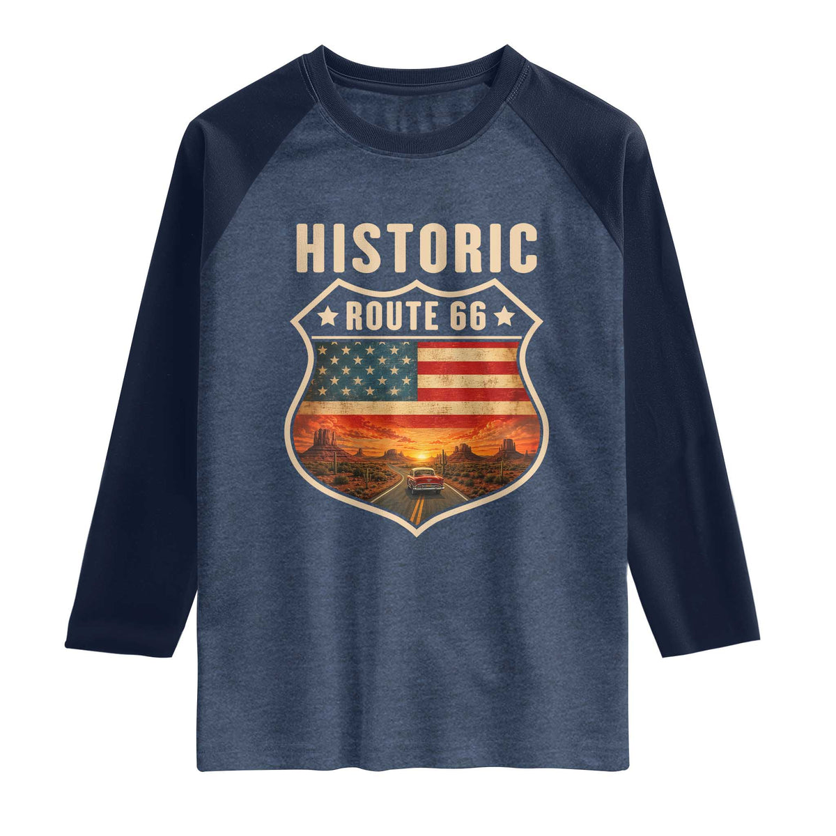 Historic Highway 66 Raglan Shirt Vintage American Road Sign Americana Road Trip TS14 Heather Denim Navy Print Your Wear