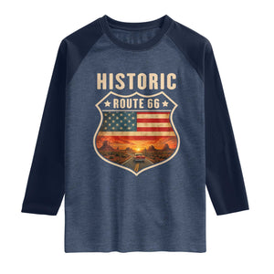 Historic Highway 66 Raglan Shirt Vintage American Road Sign Americana Road Trip TS14 Heather Denim Navy Print Your Wear