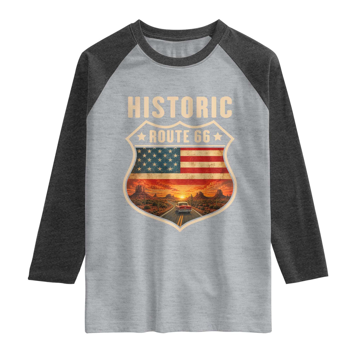 Historic Highway 66 Raglan Shirt Vintage American Road Sign Americana Road Trip TS14 Heather Gray Heather Charcoal Print Your Wear