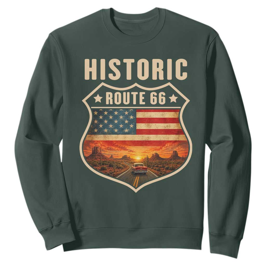 Historic Highway 66 Sweatshirt Vintage American Road Sign Americana Road Trip TS14 Dark Forest Green Print Your Wear