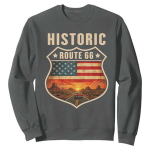 Historic Highway 66 Sweatshirt Vintage American Road Sign Americana Road Trip TS14 Dark Heather Print Your Wear