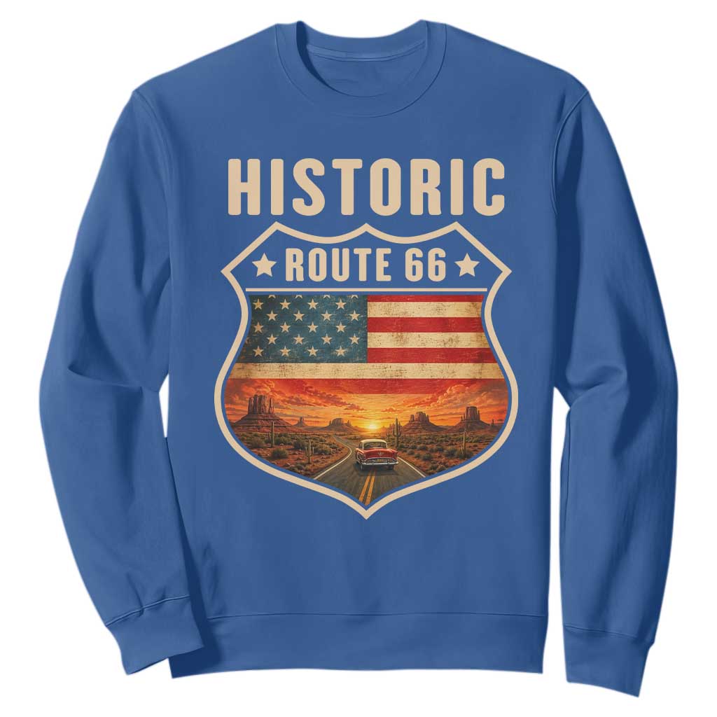 Historic Highway 66 Sweatshirt Vintage American Road Sign Americana Road Trip TS14 Royal Blue Print Your Wear
