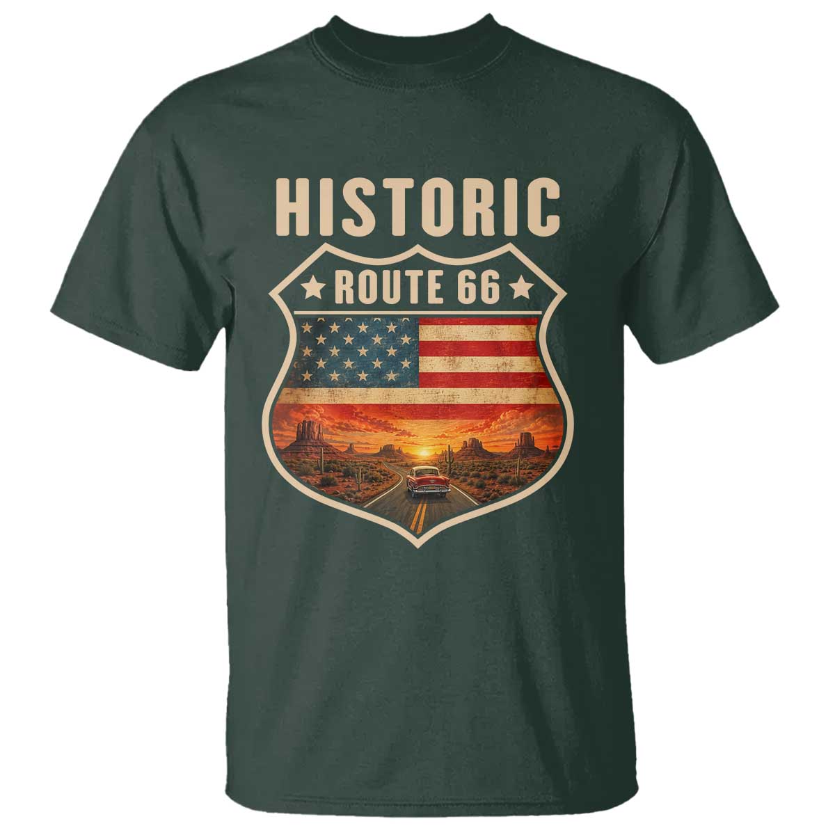 Historic Highway 66 T Shirt Vintage American Road Sign Americana Road Trip TS14 Dark Forest Green Print Your Wear