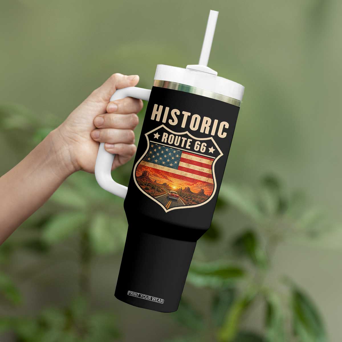 Historic Highway 66 Tumbler With Handle Vintage American Road Sign Americana Road Trip TS14 Print Your Wear