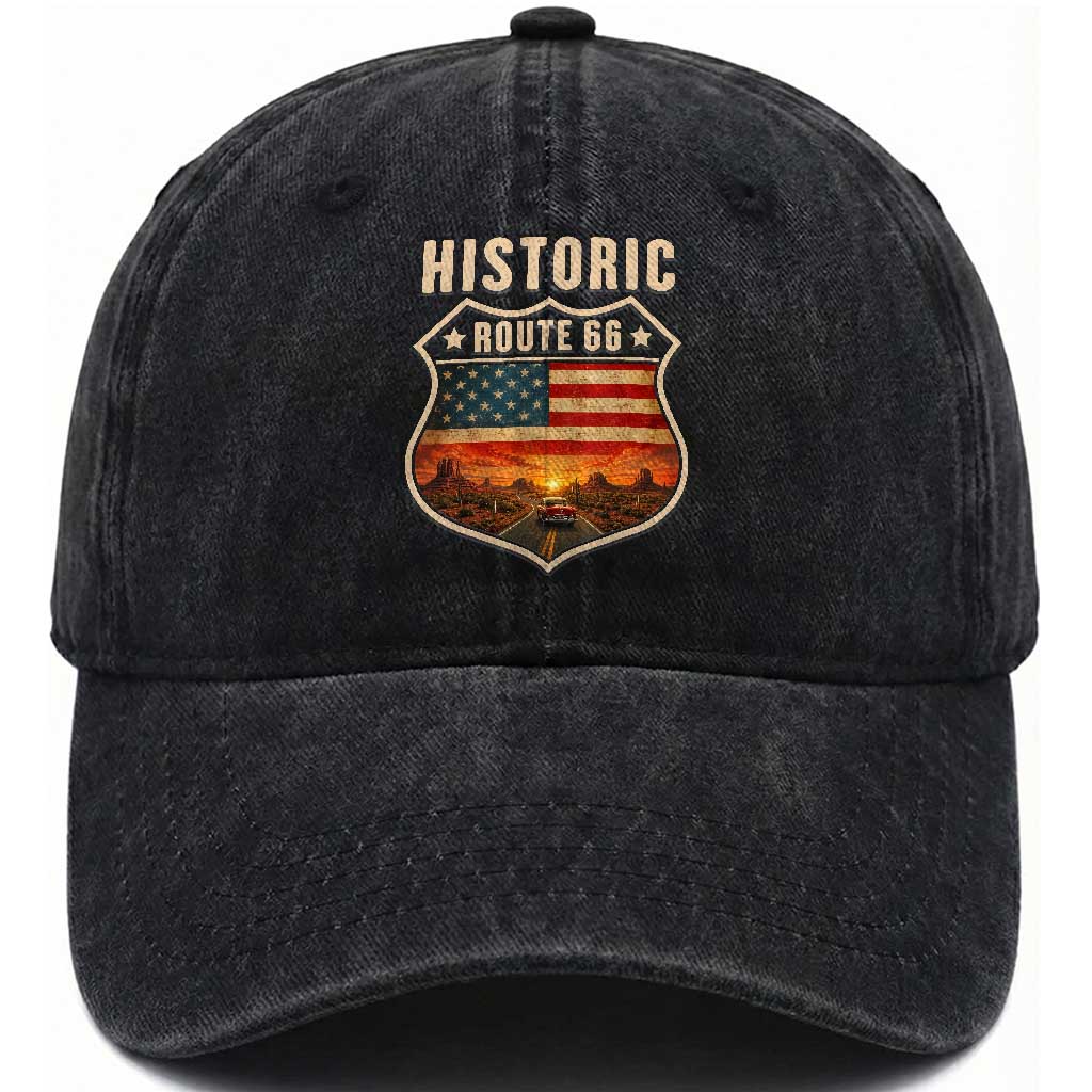 Historic Route Highway 66 Washed Cotton Baseball Cap Vintage American Road Sign Americana Road Trip TS14 Print Your Wear