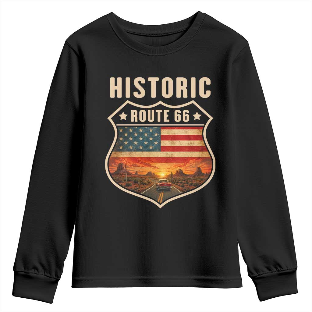 Historic Route Highway 66 Youth Sweatshirt Vintage American Road Sign Americana Road Trip TS14 Black Print Your Wear