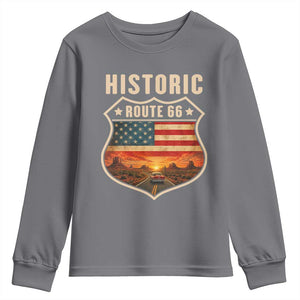 Historic Highway 66 Youth Sweatshirt Vintage American Road Sign Americana Road Trip TS14 Charcoal Print Your Wear