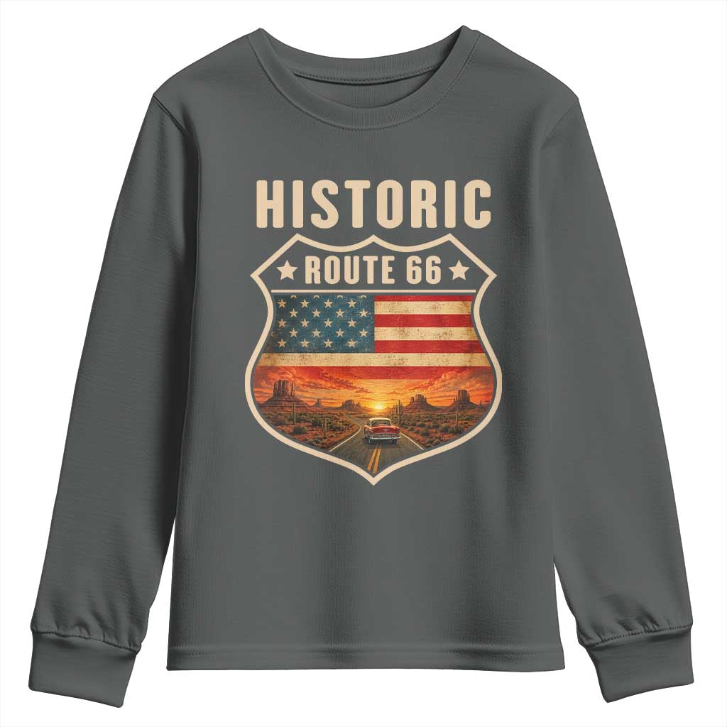 Historic Highway 66 Youth Sweatshirt Vintage American Road Sign Americana Road Trip TS14 Dark Heather Print Your Wear