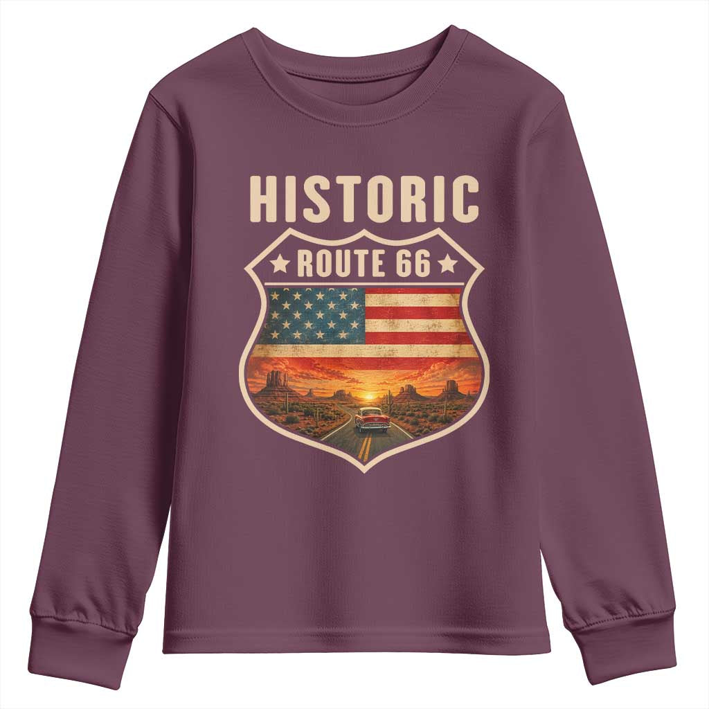 Historic Highway 66 Youth Sweatshirt Vintage American Road Sign Americana Road Trip TS14 Maroon Print Your Wear